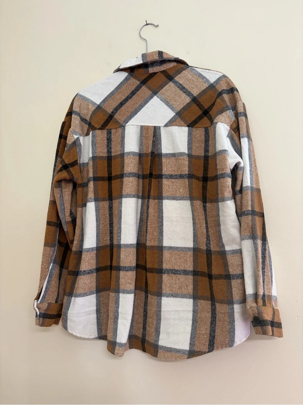 Cozy Plaid Button-Up Shacket in Camel & White